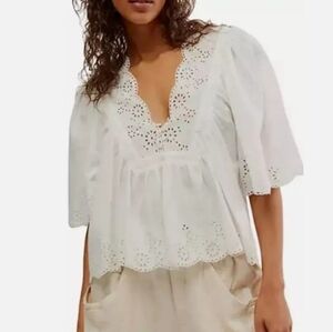 Free People Costa Eyelet Top in Bright White Size Medium